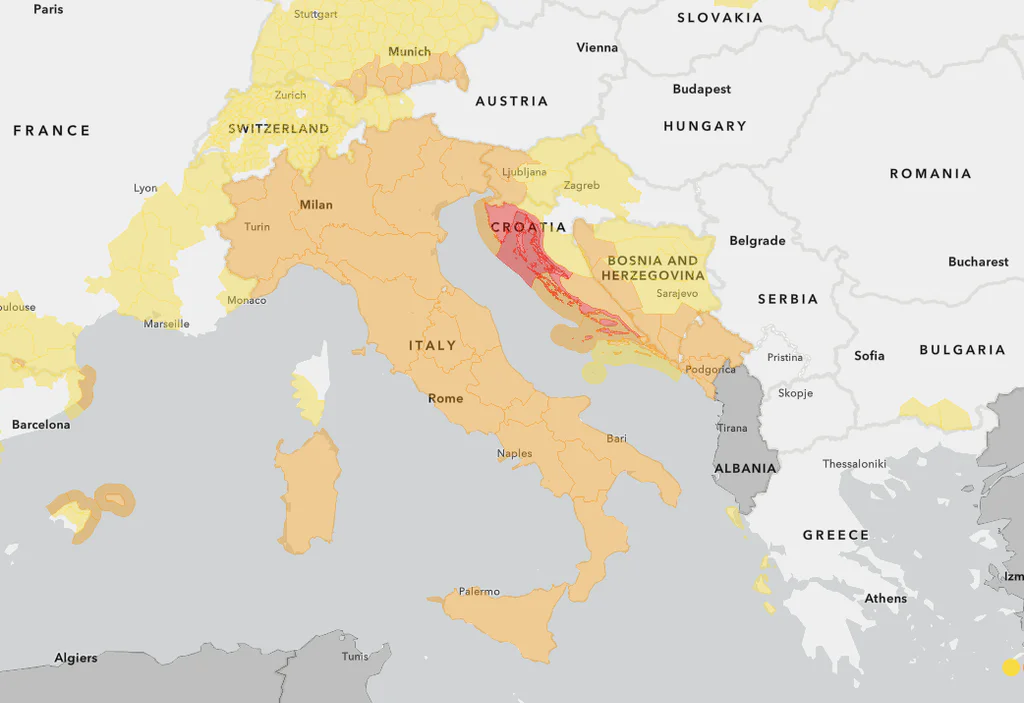 Vydané výstrahy pro jih Evropy značí nebezpečí větru - v Itálii střední stupeň, v Chorvatsku extrémní stupeň