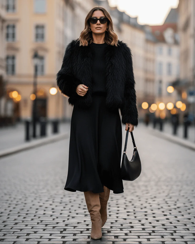 Žena ve stylovém zimním outfitu