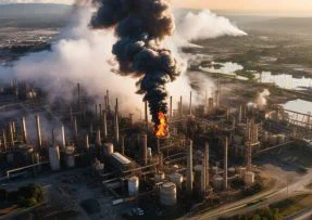 Hořící ropná rafinerie