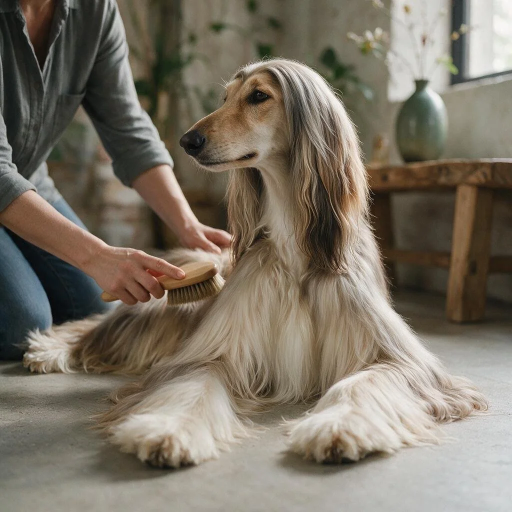 seedream-5.0-pro_A_photorealistic_Afghan_Hound_lying_calmly_while_being_gently_groomed_with_a_bru-0