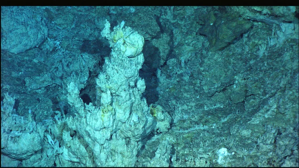 Hydrotermální pole v Atlantském masivu s bílou věží.
