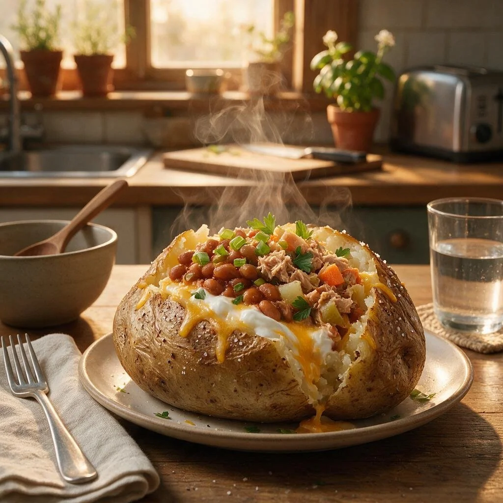 seedream-5.0-pro_Comforting_quick_dinner_large_baked_potato_split_open_and_steaming_generously_fi-0
