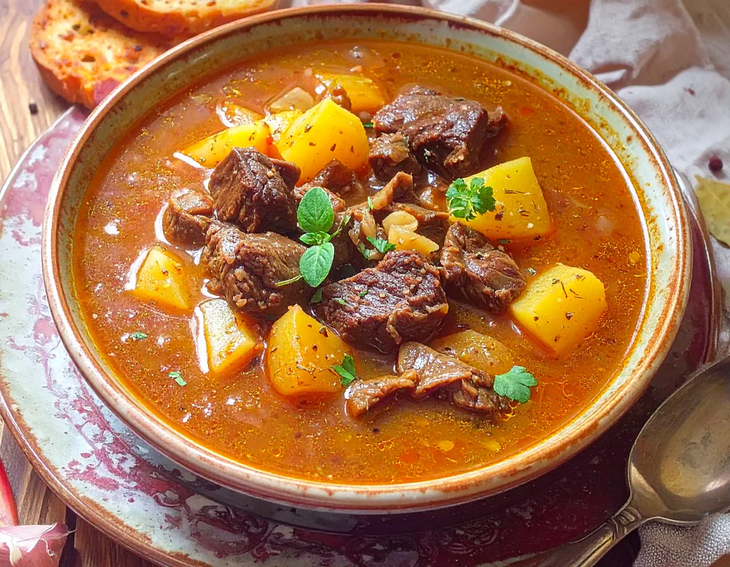 Obrázek receptu na Toulavou gulášovku: poctivou polévku z hovězího krku s brambory.