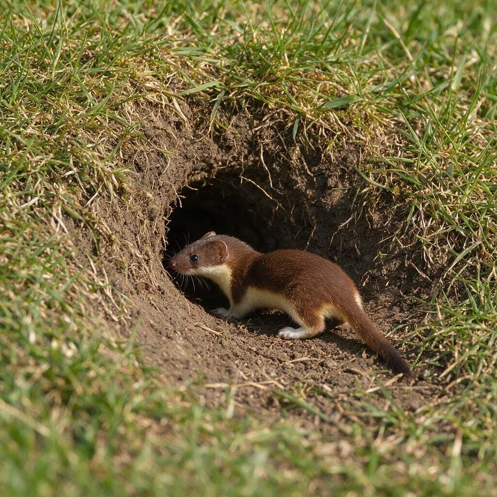 seedream-5.0-pro_A_photorealistic_least_weasel_investigating_the_entrance_of_a_small_rodent_burro-0