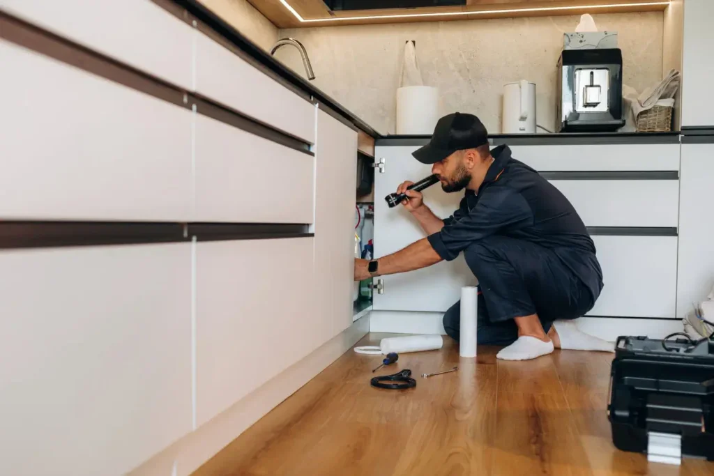 Instalatér kontroluje potrubí pod kuchyňským dřezem