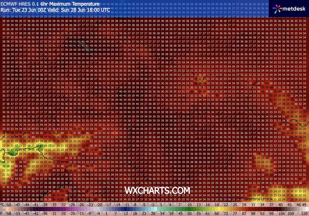 Obr. 5: Předpovídaná maxima pro sobotní den v Česku a části Evropy podle modelu ECMWF. Zdroj: WXcharts.com