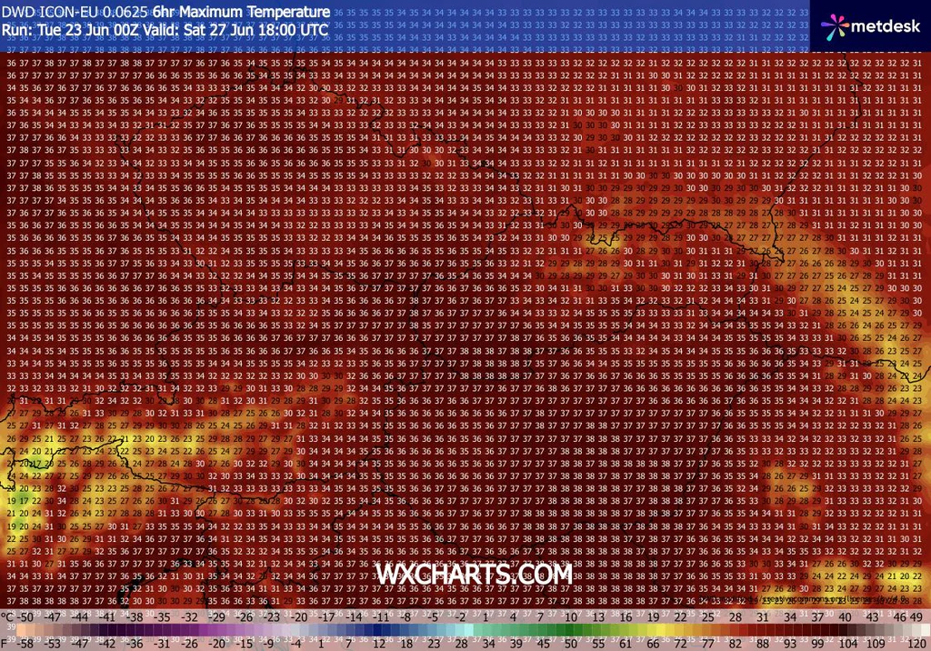 Obr. 4: Předpovídaná maxima pro sobotní den v Česku a části Evropy. Zdroj: WXcharts.com