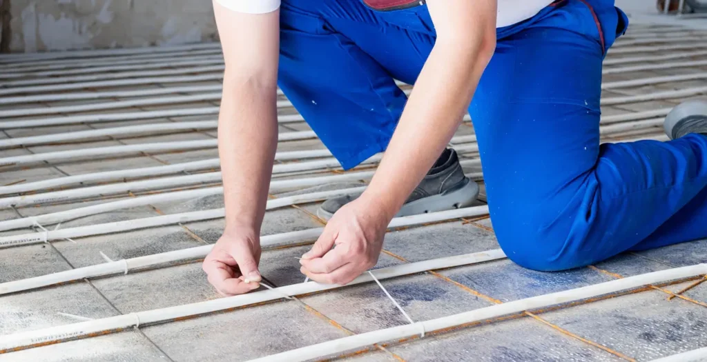 Muž pokládá podlahové topení