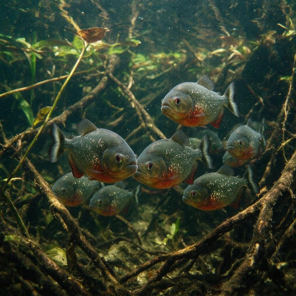 seedream-5.0-pro_A_highly_photorealistic_small_school_of_red-bellied_piranhas_moving_through_murk-0
