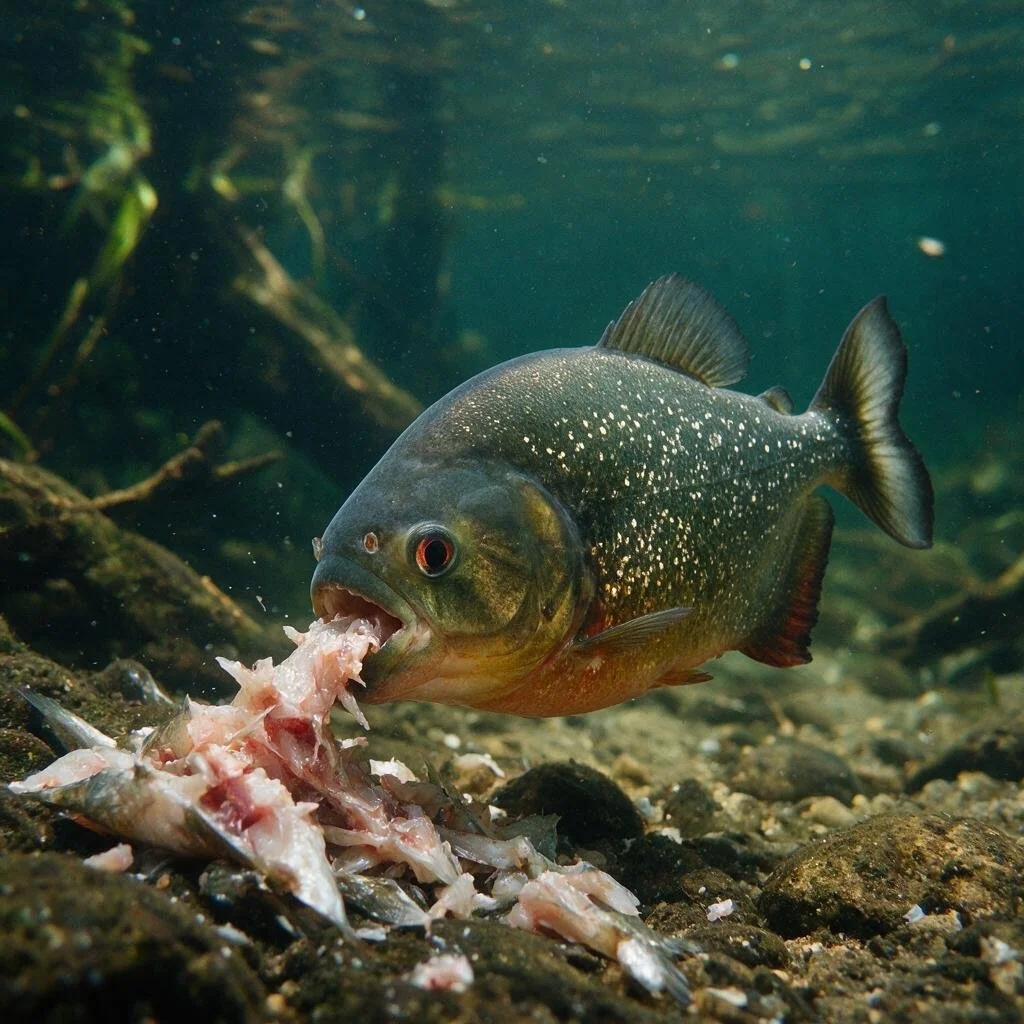 seedream-5.0-pro_A_photorealistic_piranha_feeding_naturally_on_fish_scraps_in_a_South_American_ri-0