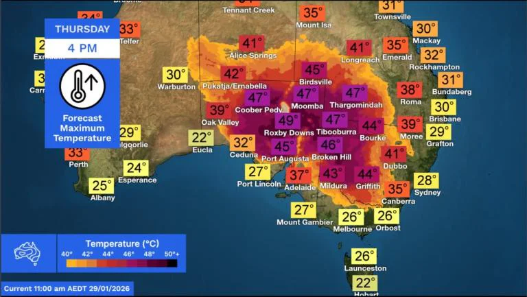 Maximální teploty při horkých vlnách v Austrálii v lednu 2026 (zdroj: Bureau of Meteorology Australia)