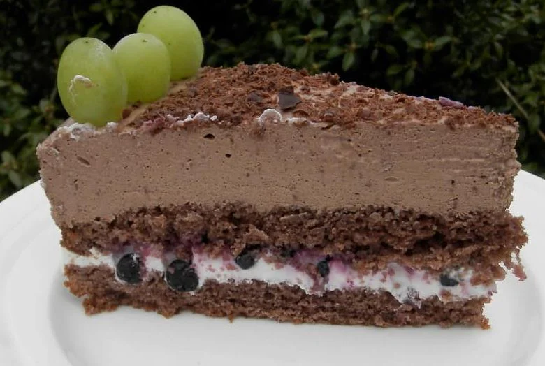Obrázek receptu na čokoládový dort s tvarohem a ovocem.