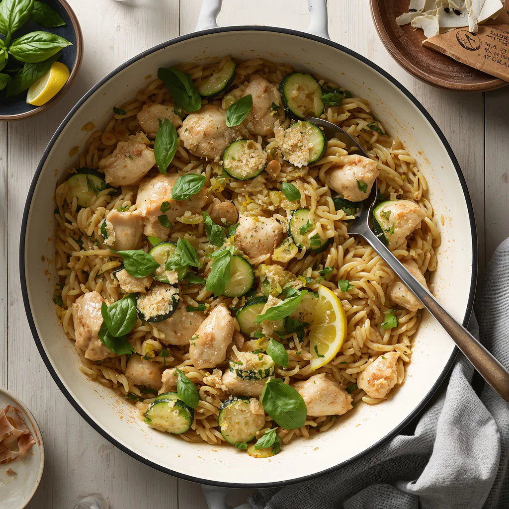 Citronové orzo s kuřetem, cuketou a parmazánem