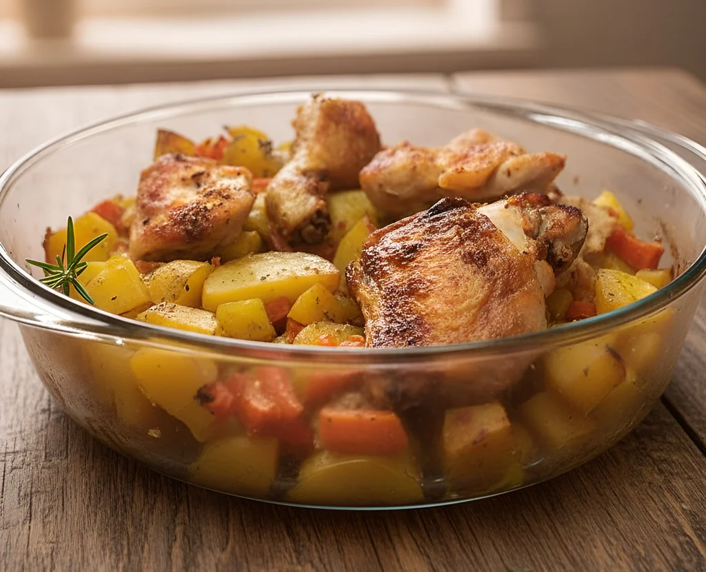 Obrázek receptu na Kompletní menu na neděli: pečené kuře s brambory a mrkví na másle, jablečno mrkvový salátem a bábovka ke kávě za obědem