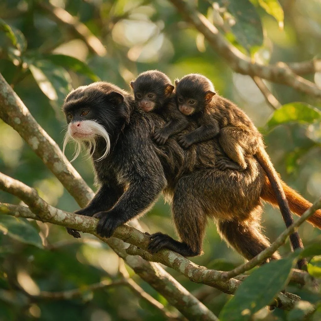 seedream-5.0-pro_A_highly_photorealistic_emperor_tamarin_father_carrying_infant_twins_on_his_back-0
