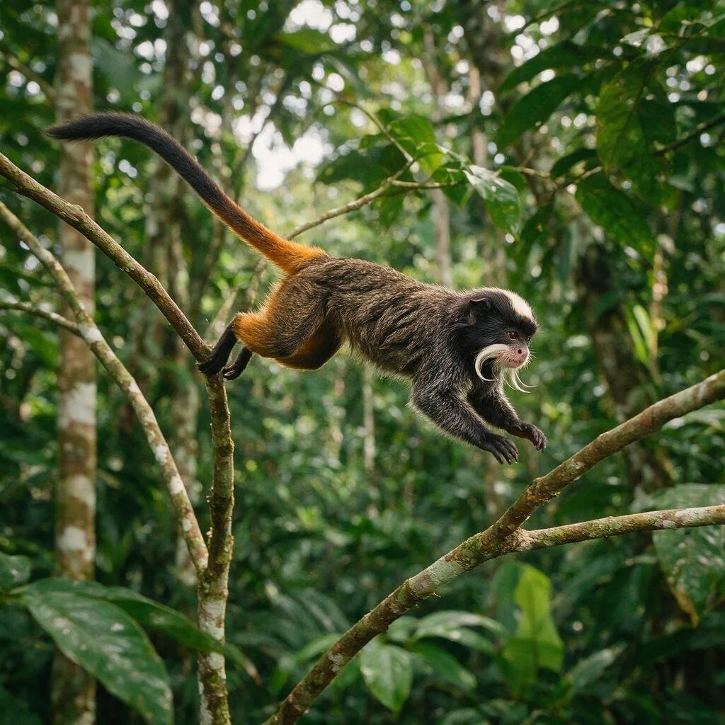 seedream-5.0-pro_A_photorealistic_emperor_tamarin_leaping_lightly_between_thin_branches_in_the_Am-0