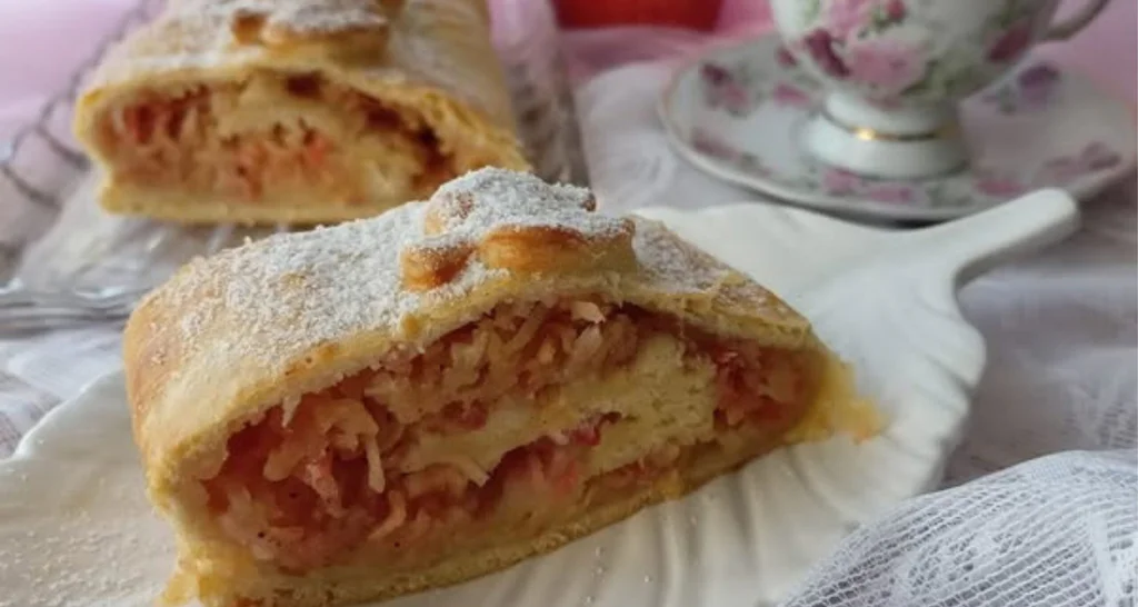 Obrázek receptu na jablkový závin z plundrového těsta.