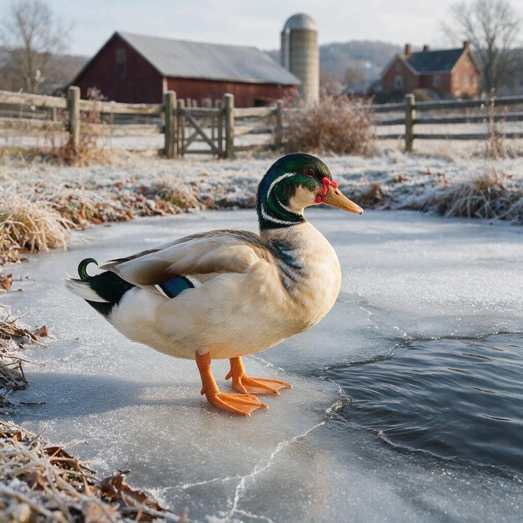 seedream-5.0-pro_A_photorealistic_domestic_duck_standing_calmly_at_the_edge_of_a_partially_frozen-0