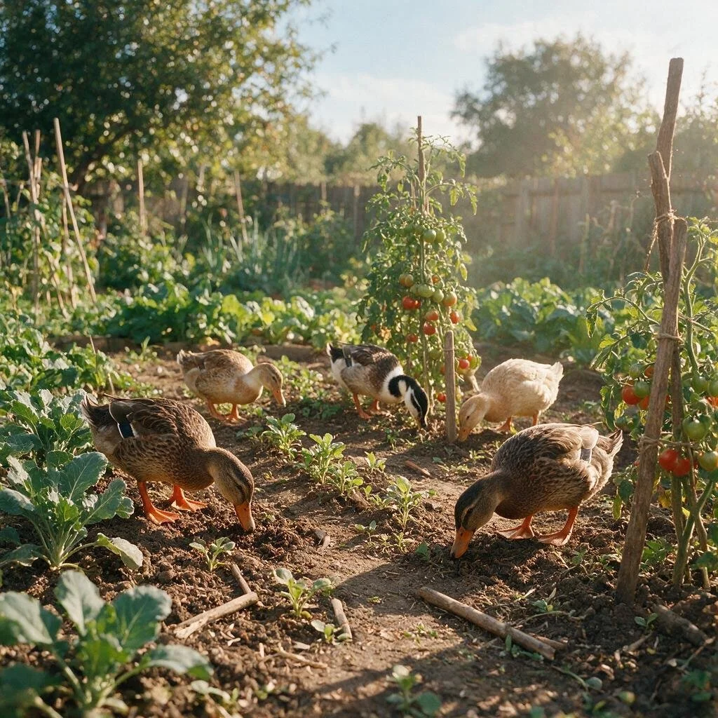 seedream-5.0-pro_A_photorealistic_small_flock_of_domestic_ducks_foraging_naturally_through_a_vege-0