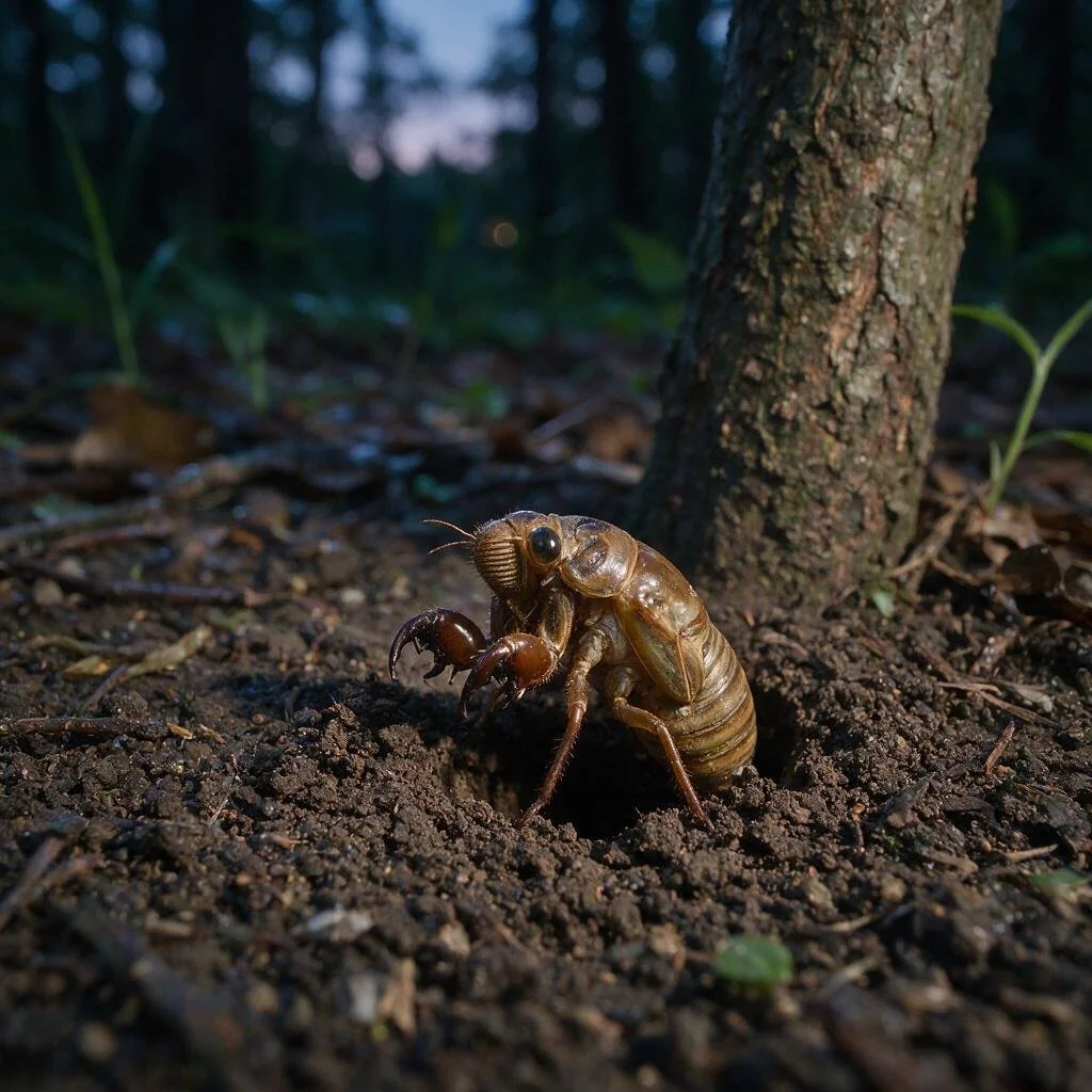 seedream-5.0-pro_A_highly_photorealistic_cicada_nymph_emerging_naturally_from_a_small_hole_in_the-0