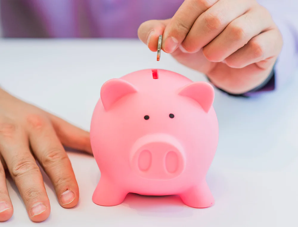 Dává peníze do pokadničky prasátka