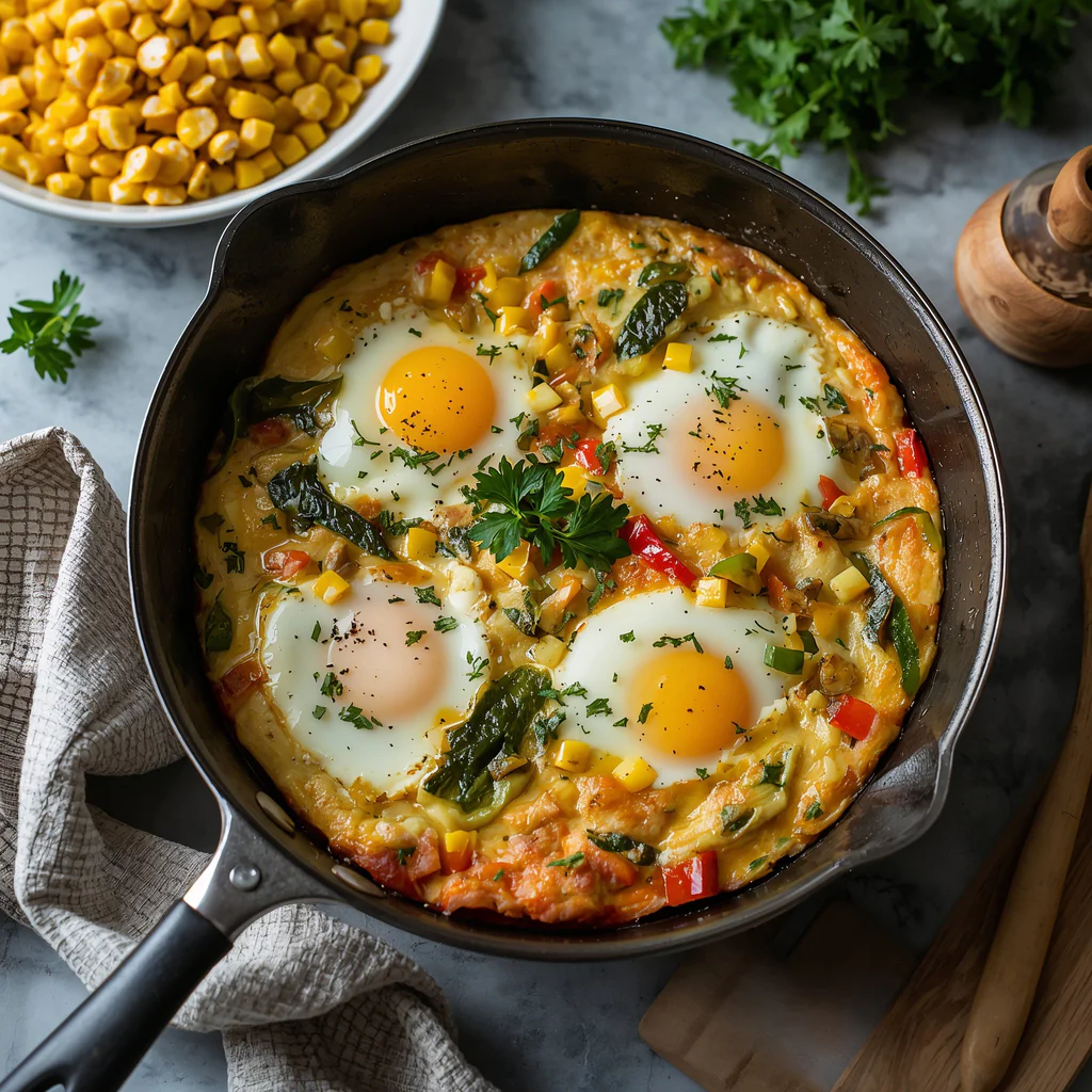 lucid-origin_Photorealistic_editorial_summer_food_image_of_a_one-pan_egg_dinner_with_corn_pep-0