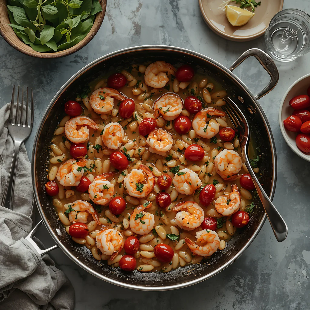 lucid-origin_Photorealistic_editorial_summer_food_image_of_a_one-pan_shrimp_skillet_with_garl-1