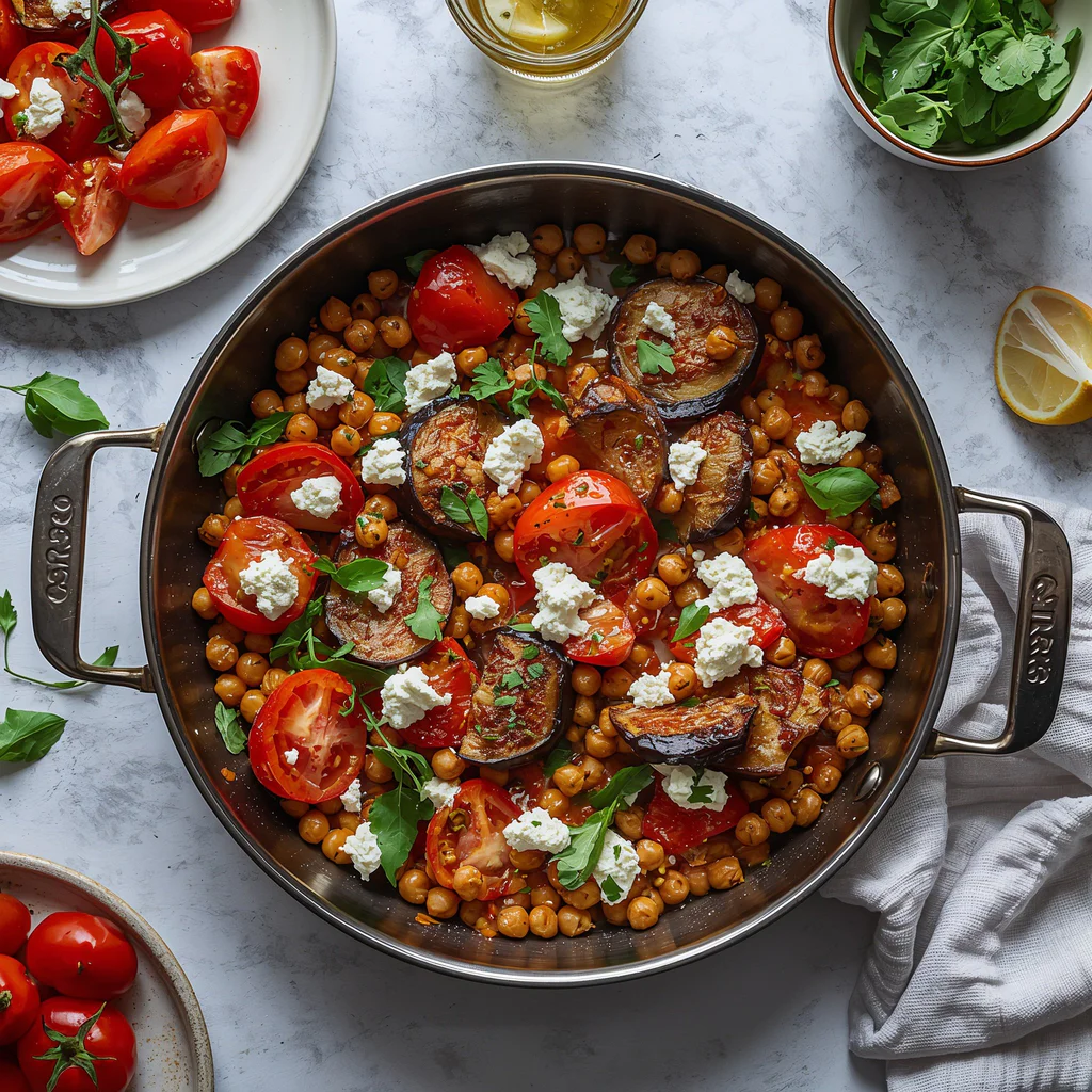lucid-origin_Photorealistic_editorial_summer_food_image_of_a_one-pan_chickpea_skillet_with_ro-0