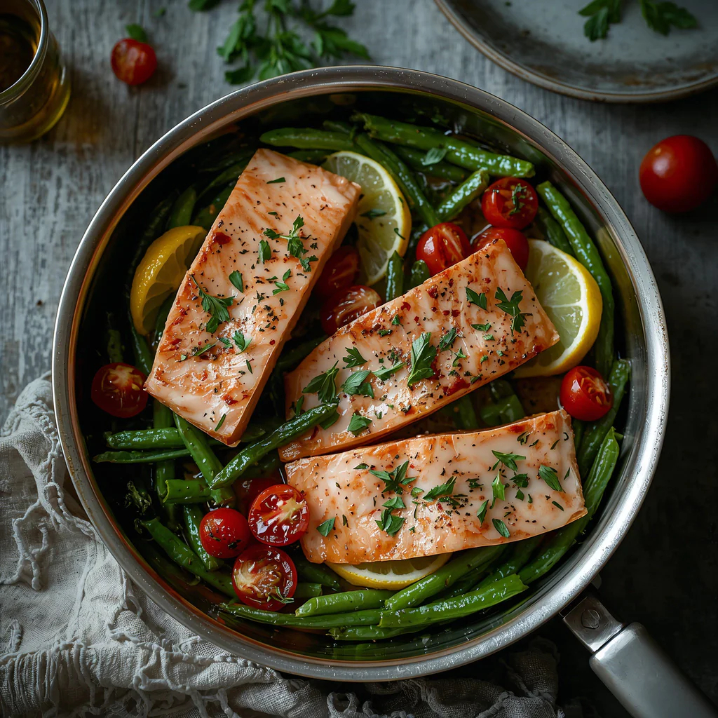 lucid-origin_Photorealistic_editorial_summer_food_image_of_salmon_fillets_cooked_in_one_skill-0