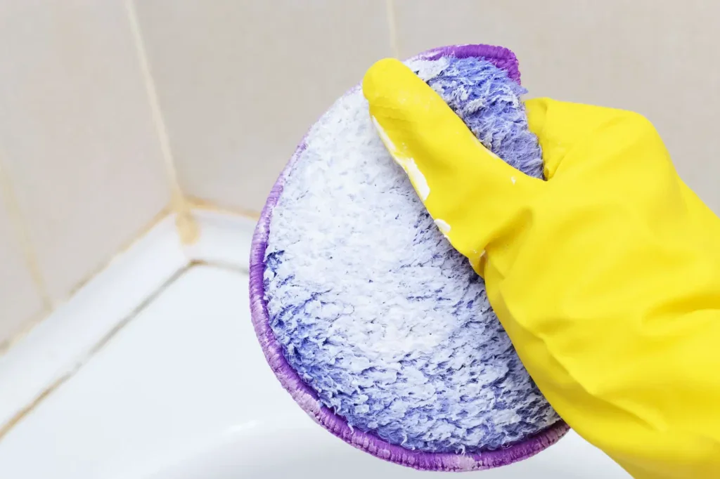 Žena drhne koupelnu hadrem a pastou