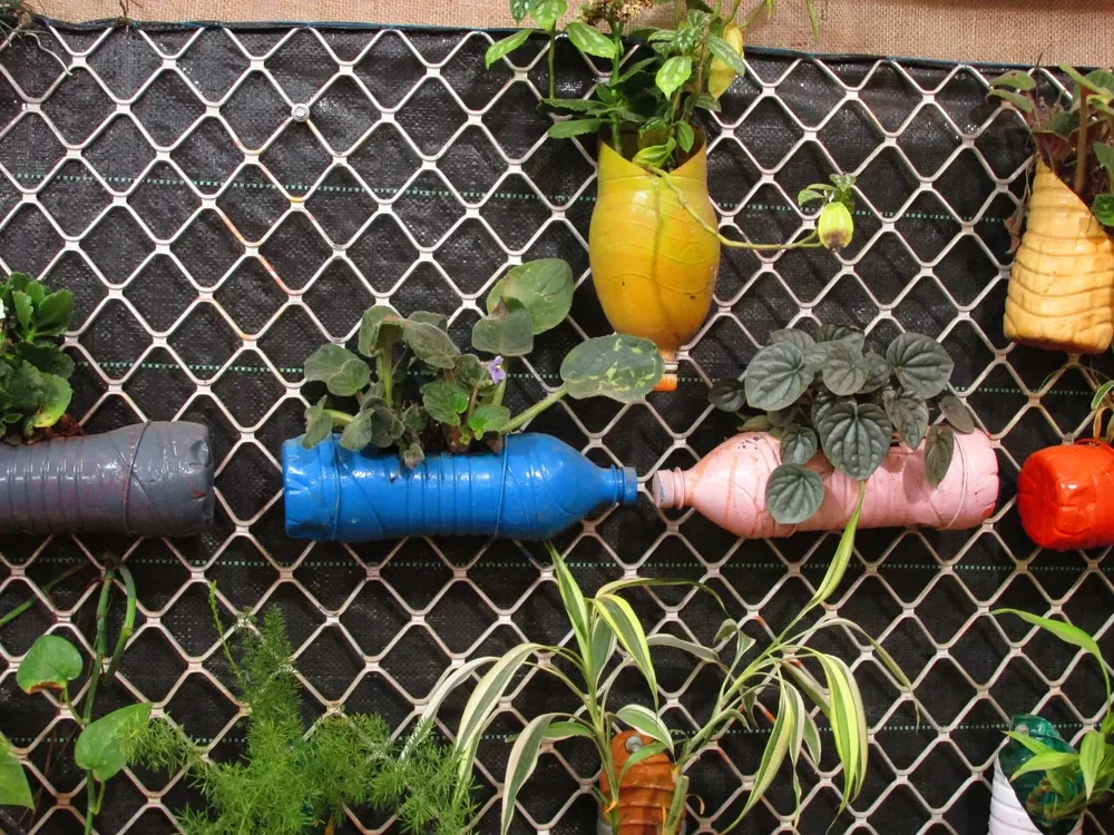 zeď s truhlíky z PET lahví