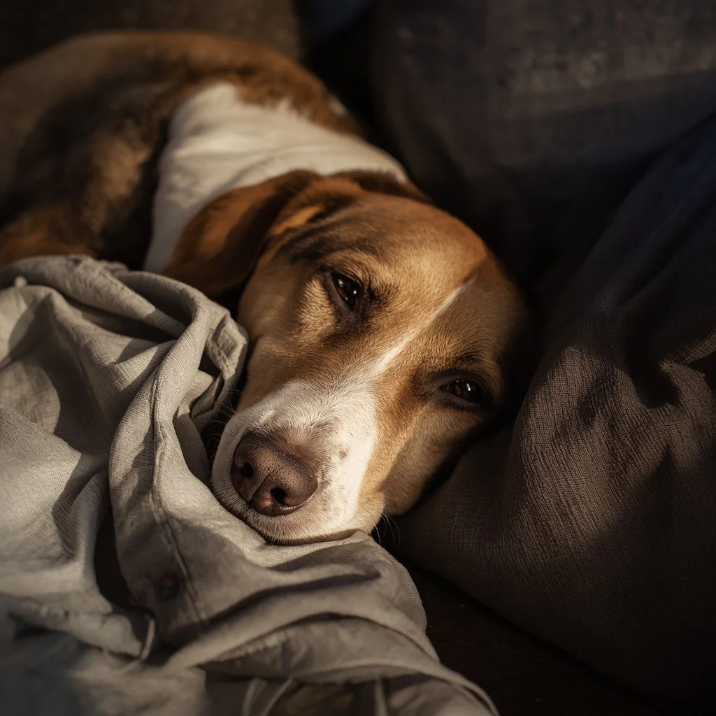 lucid-origin_A_photorealistic_dog_resting_calmly_with_its_nose_near_a_naturally_worn_cotton_s-0