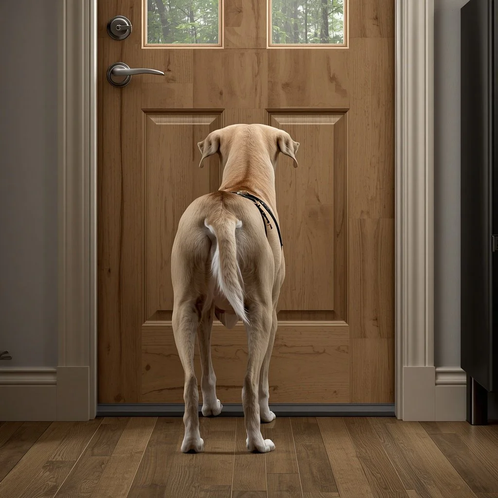 lucid-origin_A_photorealistic_dog_standing_near_a_mildly_scratched_wooden_front_door_after_be-0