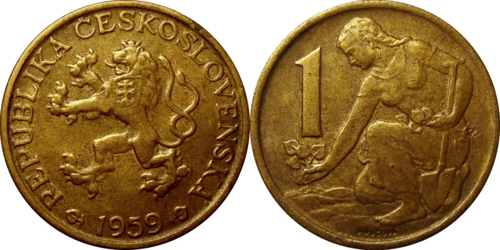 Koruna, FOTO: <a href="https://commons.wikimedia.org/wiki/File:1_koruna_CSK_(1957-1960).png">Arvedui89</a>, Public domain, via Wikimedia Commons