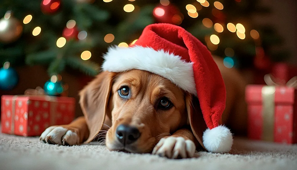 Fotografie roztomilého pejska u stromečku