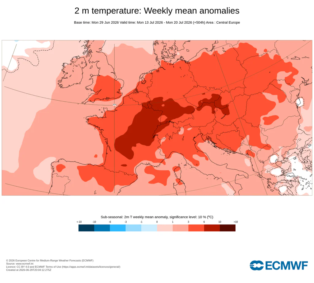 Podle modelu ECMWF by se na začátku 2. dekády července měla objevit další výrazná horká vlna s nadnormálními teplotami