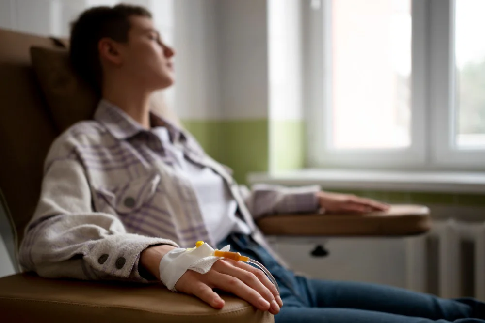 Pacienta na křesle s kanylou ve hřbetu ruky na chemoterapii