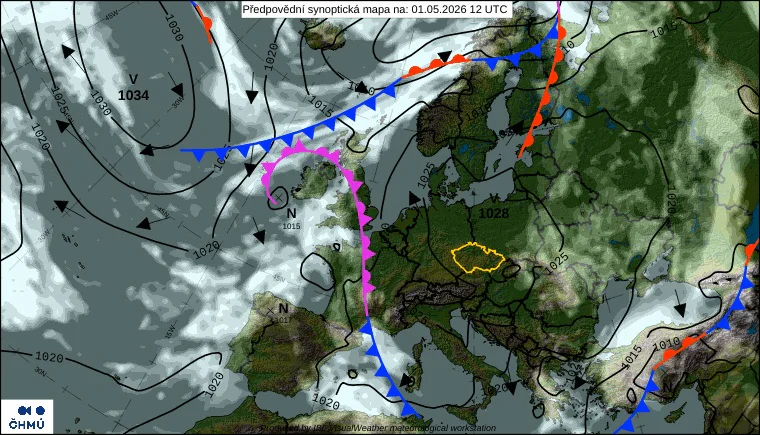 Synoptická situace ukazuje mohutnou tlakovou výši se středem nad Baltským mořem k 1. 5. 2026