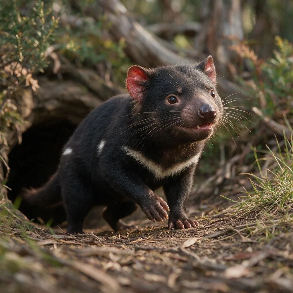 seedream-5.0-pro_A_photorealistic_young_Tasmanian_devil_exploring_near_a_den_entrance_curious_pos-0