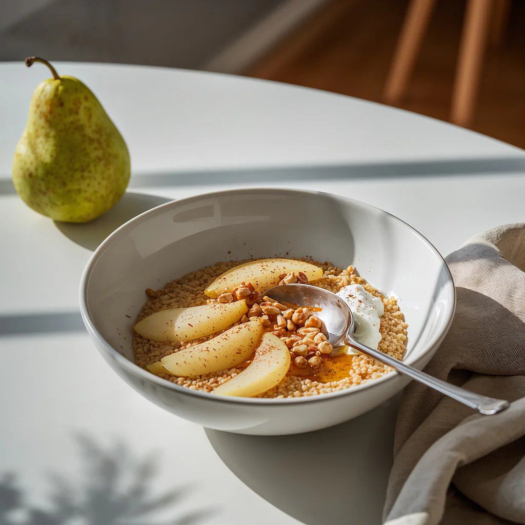 Teplá snídaňová quinoa s hruškou, skořicí a řeckým jogurtem