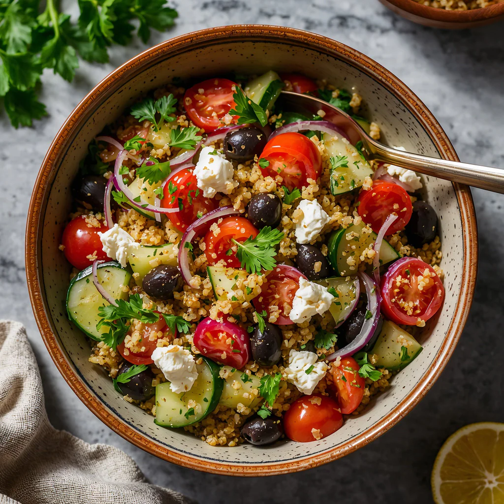 Středomořský quinoa salát s fetou, okurkou a citronem