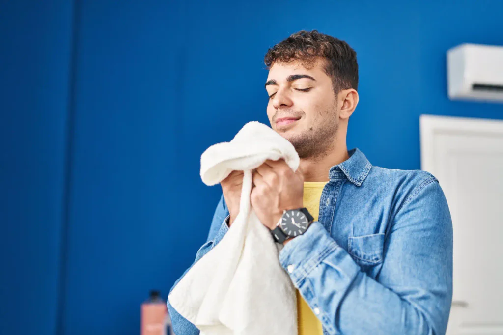 Mladý muž s příjemně vonícím ručníkem.