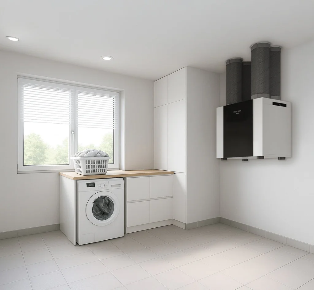 White laundry room with a front-loading washing machine under a wooden counter, a laundry basket on top, and white cabinetry.