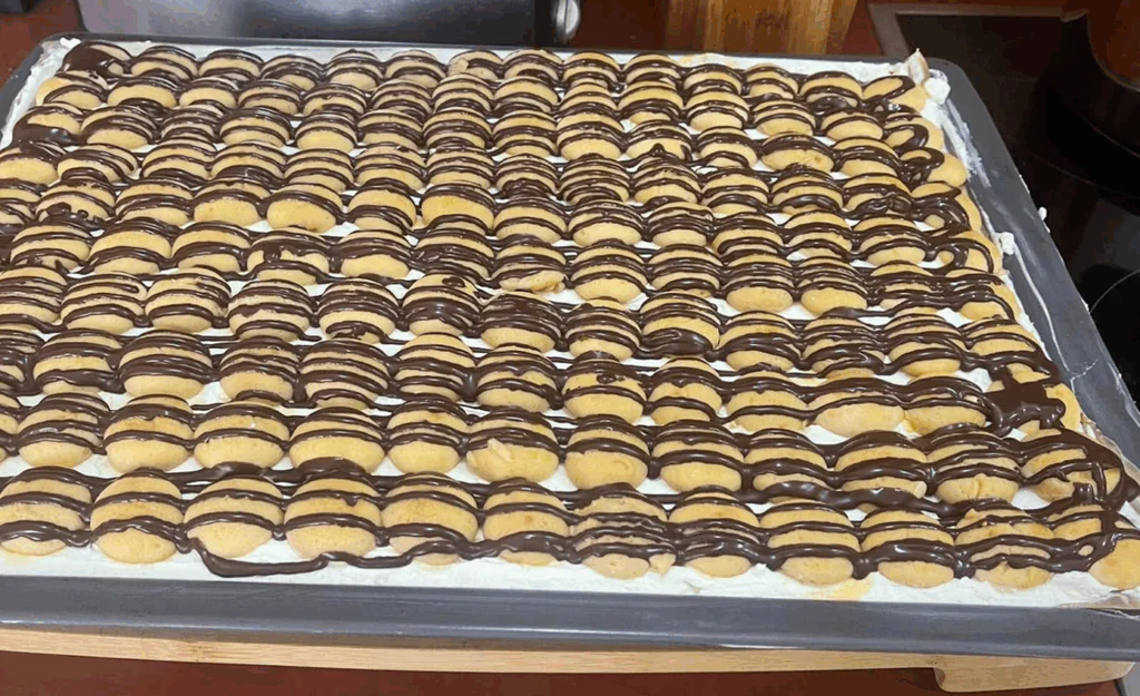 Na ztuhlý krém pokládáme piškoty namočené v džusu s rumem a pocákáme čokoládou.