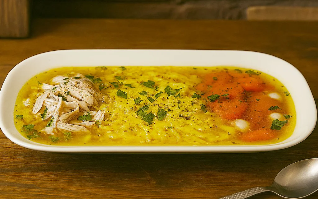 Domácí slepičí tažený vývar servírovaný v korytu