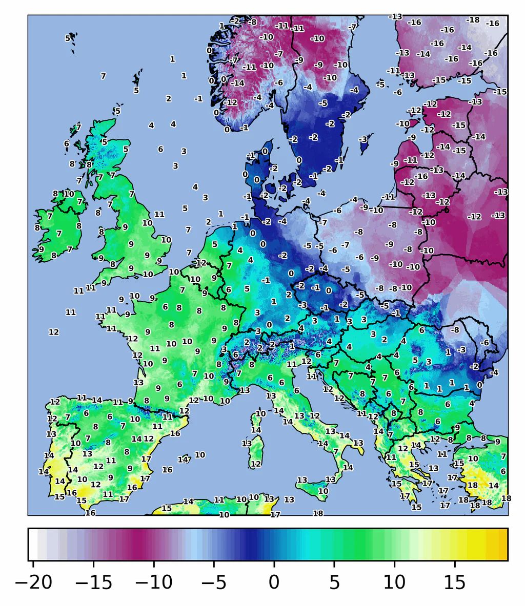 Teploty vzduchu v Evropě v sobotu 31. ledna přes den (zdroj: Meteocentrum)