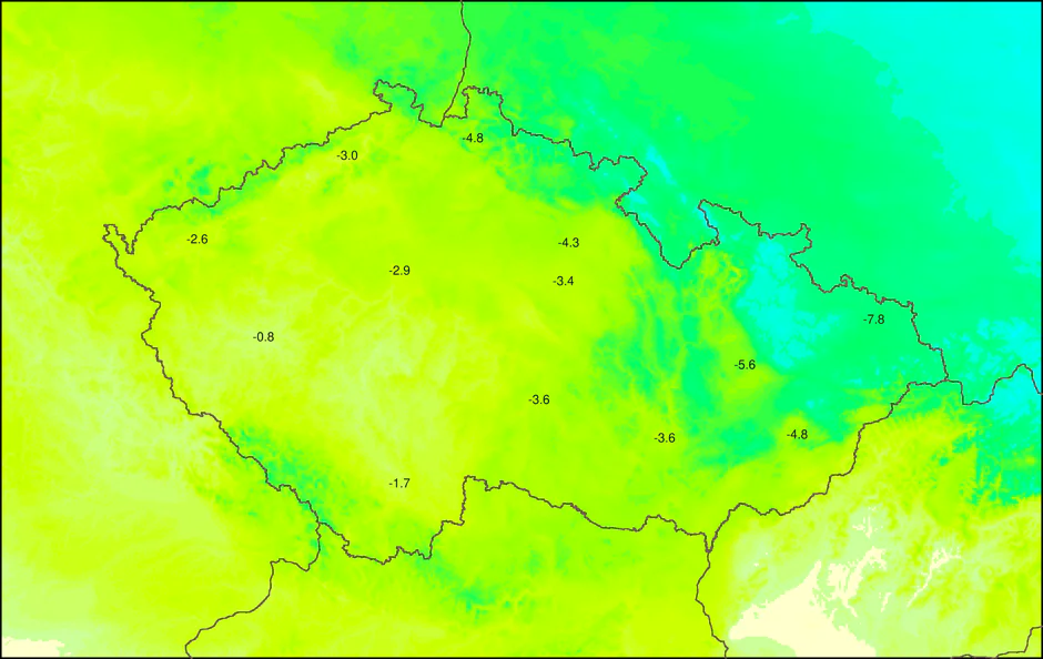Teploty na neděli ráno ukazují značné rozdíly mezi severovýchodem a zbytkem republiky (zdroj: ALADIN/Meteocentrum)