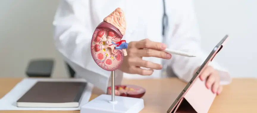 Lékař vysvětlující péči o ledviny.