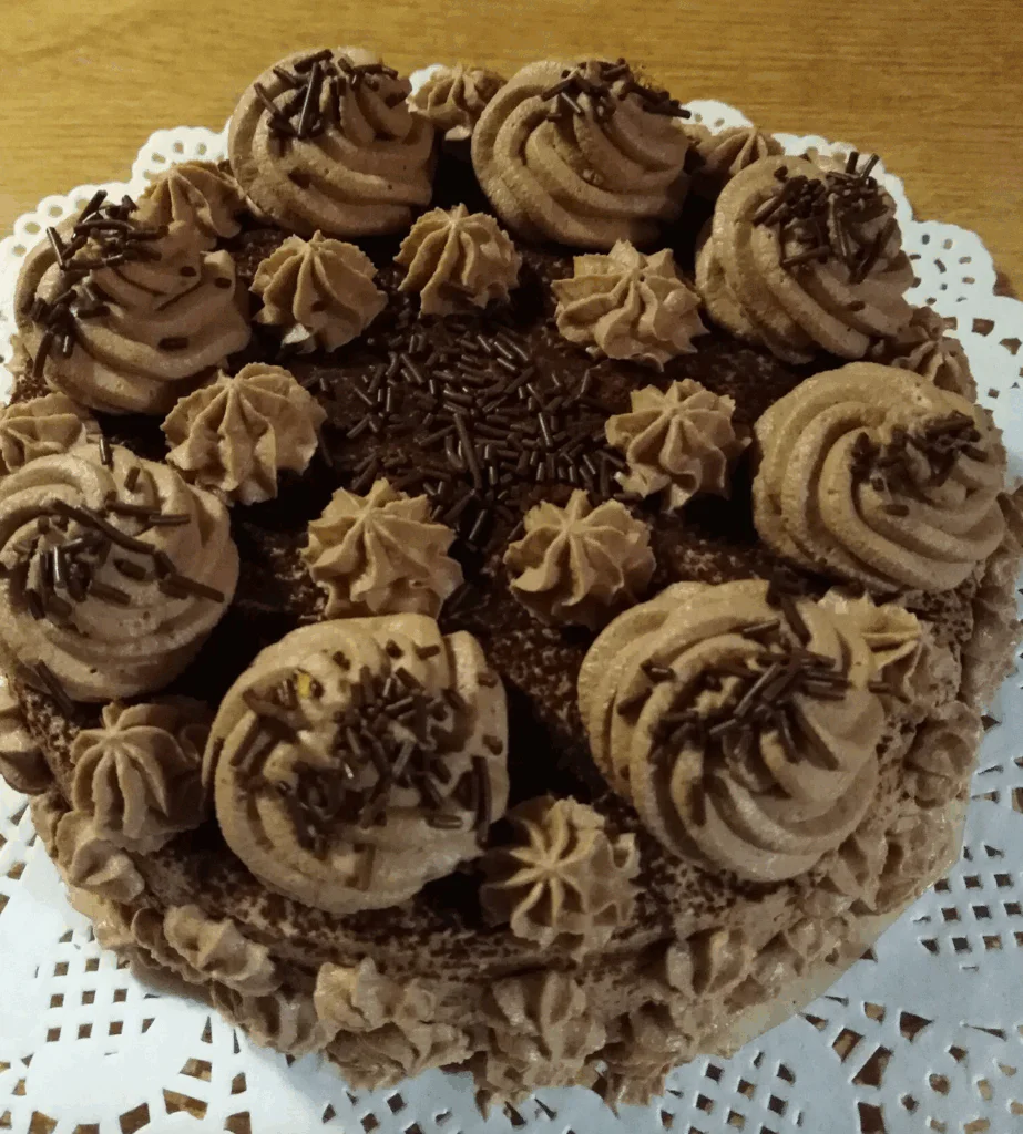 Hotový dort zdobíme krémem a čokoládou.