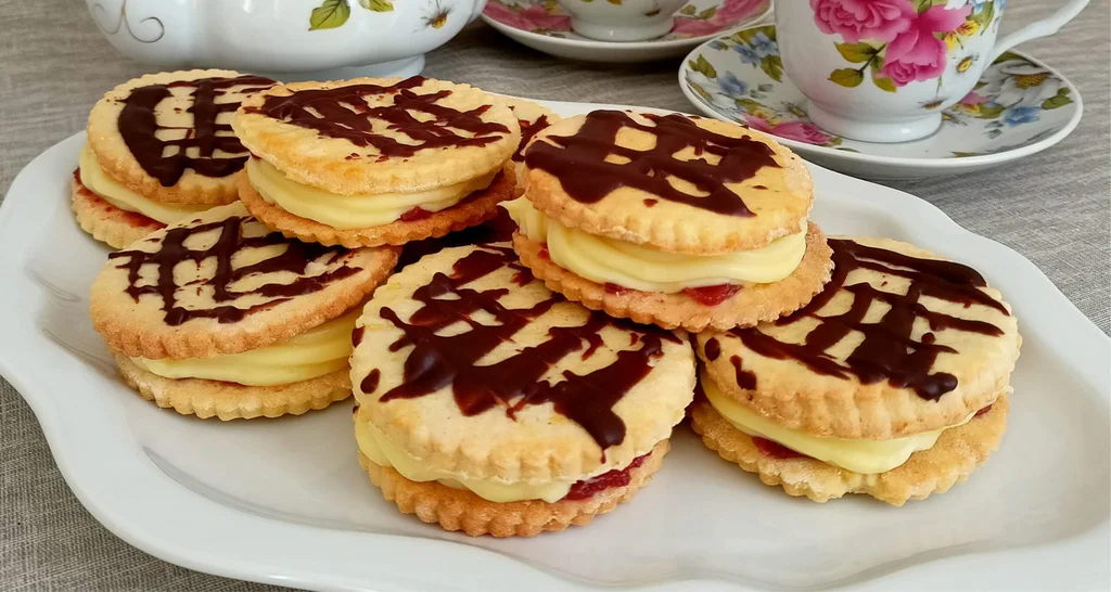 Obrázek receptu na čajové sušenky s pudinkovým krémem a marmeládou.